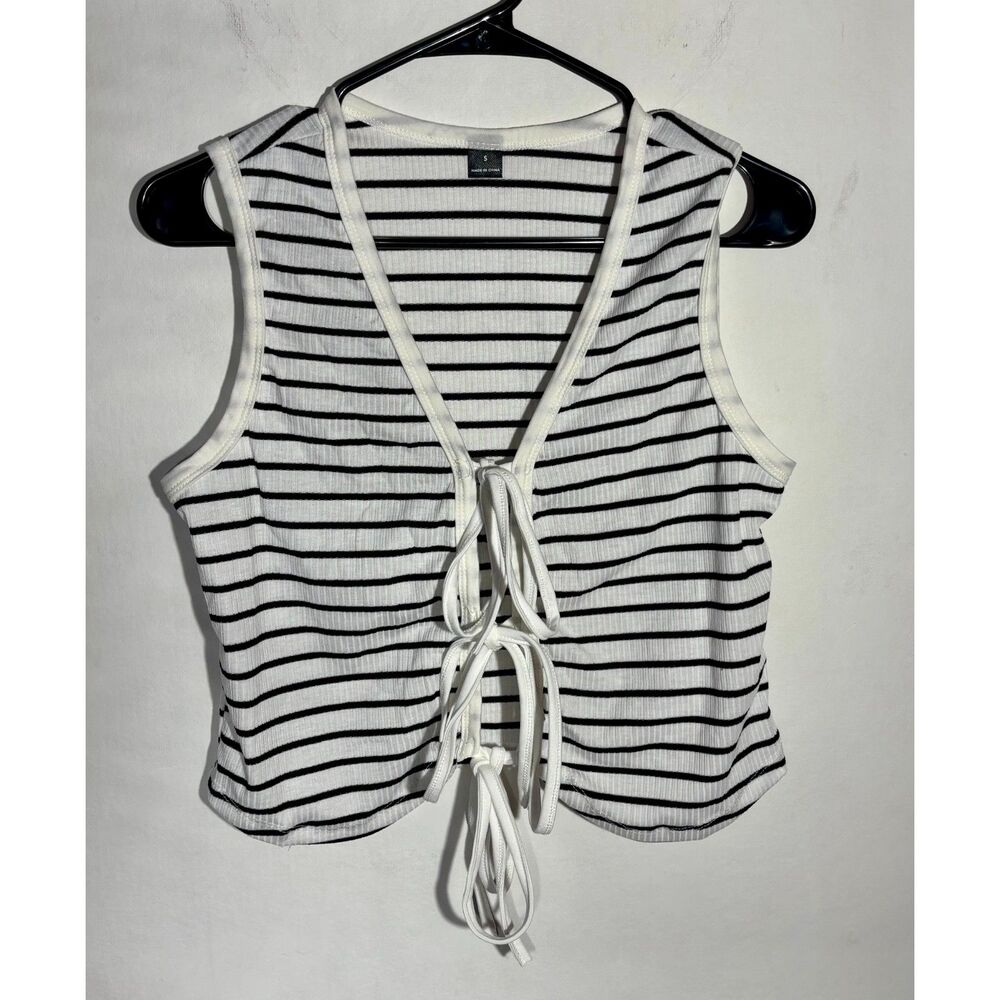 Women's Striped Tie Front Vest Top Size S Black White Ribbed Sleeveless Cropped